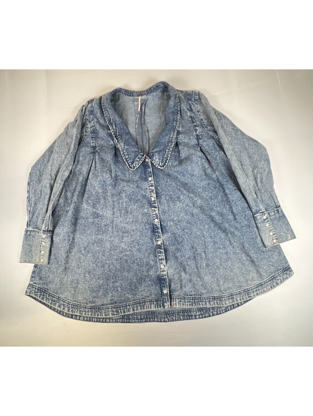 Free People Women Large Acid Wash Blue Cotton Long Sleeve Button Down Shirt Top